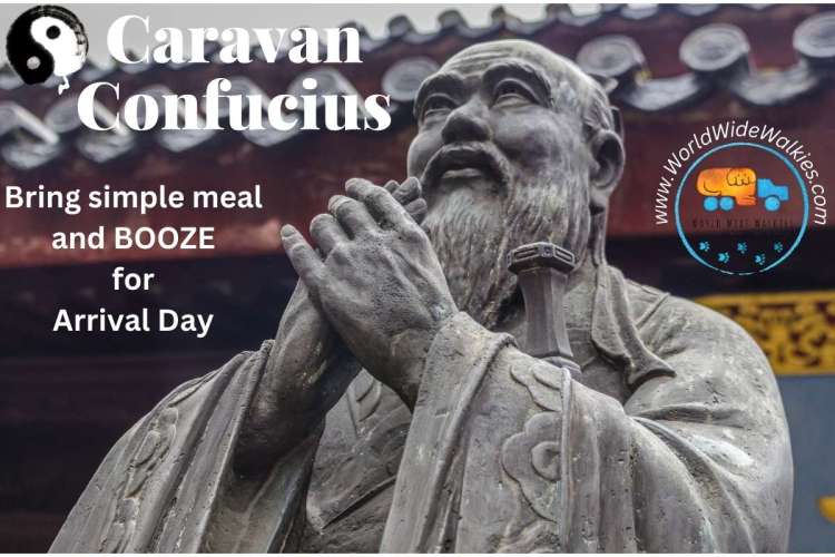 Statue of Confucius with caption Caravan Confucius 'brinkg simple meal and BOOZE for arrival day'