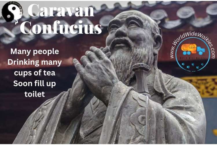 Statue of Confuciius with title Caravan Confucius and caption Many people drinking many cupst of tea soon fill up toilet