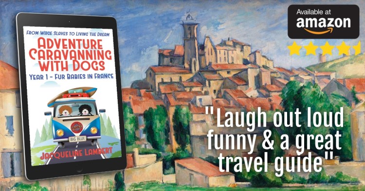 Jacqueline Lambert's first travel memoir Fur Babies in France from wage slaves to living the dreams with the review quote 'laugh out loud funny and a great travel guide'