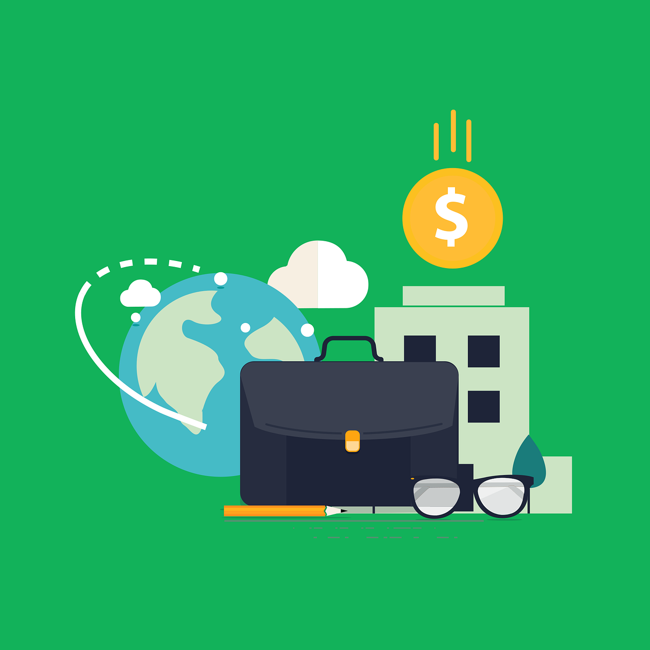 Cartoon of the world, money, and a briefcase to illustrate money can't buy you happiness, but it can buy you travel.