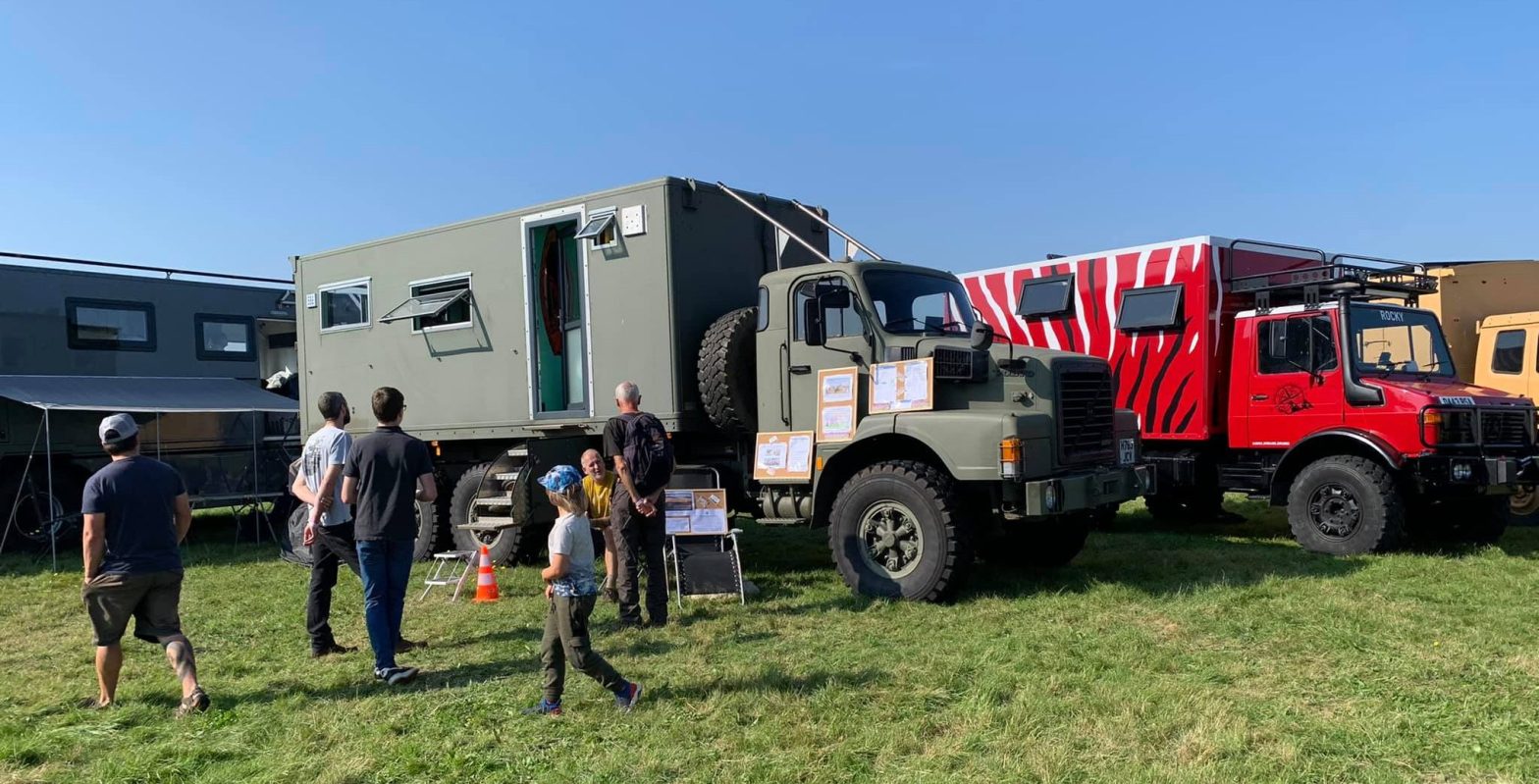 The Beast, a NATO green Volvo N10 army lorry camper conversion on show at the Adventure Overland Show