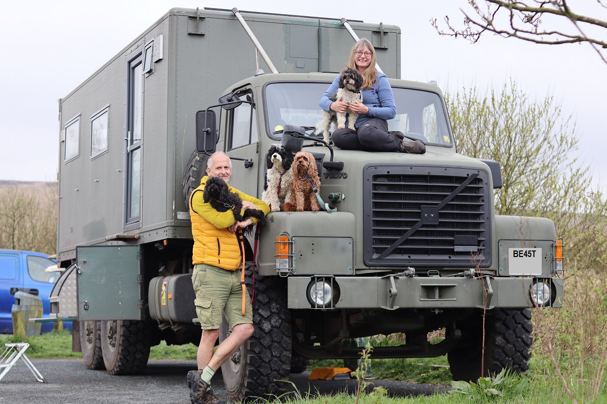 Landscape Image of The Beast, Jacqueline Lambert's Volvo N10 overland truck campre, with Jackie & husband Mark and their four dogs, The Fab Four