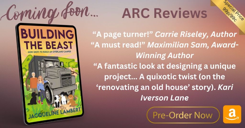 A picture of the ebook building the beast, which features a cartoon representation of The Beast, a volvo N10 truck, along with Jackie and Mark who built her, and their four cuddly dogs, on a background containing customer testimonials