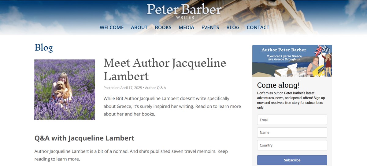 A screenshot of the header from Peter Barber's blog showing a photo of author Jacqueline Lambert