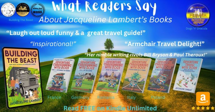 A picture of Jacqueline Lambert's books displayed with their mutiple awards and the caption 'What Reader's Say' and a collection of reviews such as 'Inspirational' and 'Armchair Travel Delight'