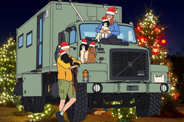 Cartoon image of The Beast with Jackie, Mark & Four dogs in santa hats and a Christmas background.