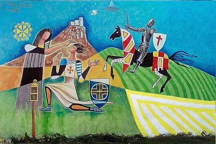 Colourful painting of cathars and crusaders with chateau de Queribus in the background