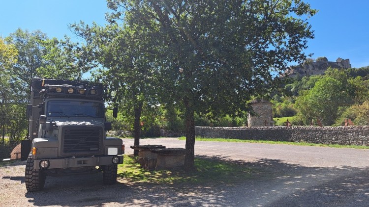 Jacqueline Lambert's truck, The Beast, parked up beneath Sévérac-le-Château 