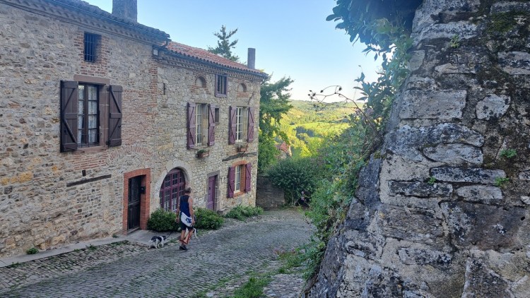 Mark and two dogs descending a cobbled street in Cordes-sur-Ciel flanked with medieval buildings