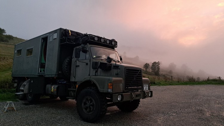 The Beast in a peachy, cloudy sunset on Col de Montsegur