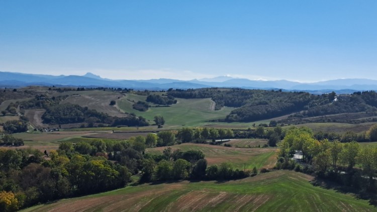 The Pyreneese in the distance, viewed from the medieval hill town of Fanjeaux