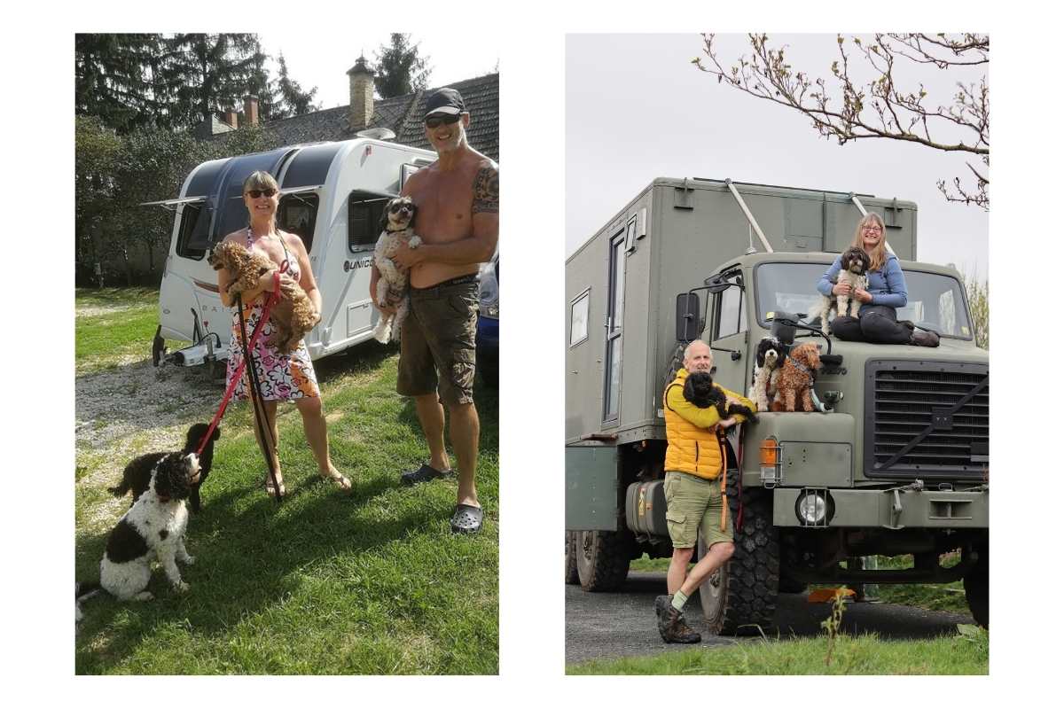 Two adjecent photos of adventure traveller and author Jacqueline Lambert with husband Mark and four dogs: the first with their Caravan, Kismet, the second with The Beast their overland truck