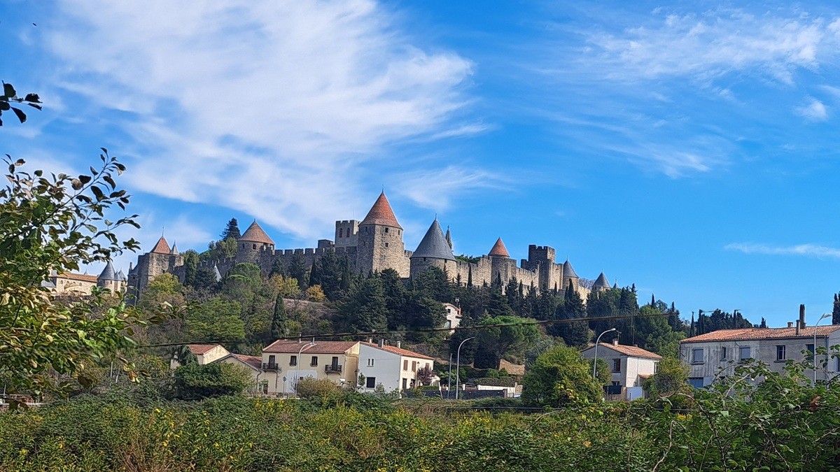 The fortified medieval city of Carcassonne viewed from outside the city walls