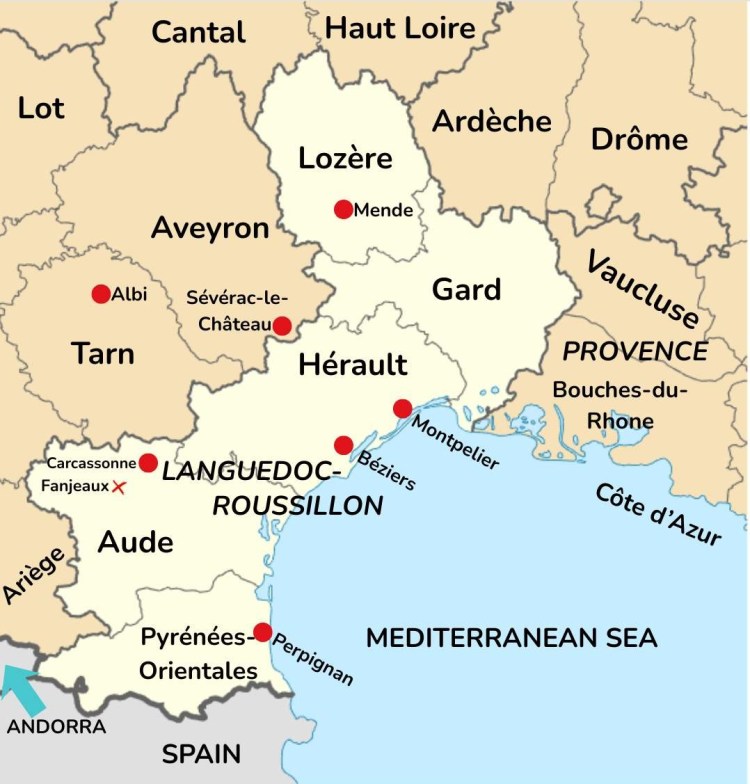 Outline map of Languedoc and surrounding departments, showing important cities including Mende and Sévérac-le-Château . Not to scale