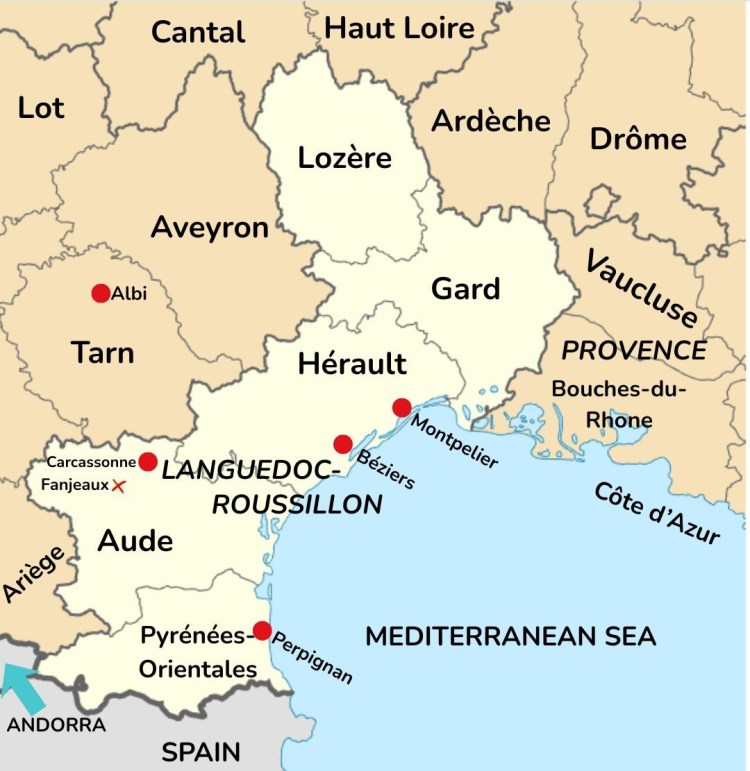 Outline map of Languedoc and surrounding departments, showing important cities such as Montpelier, Albi, and Carcassonne. Not to scale