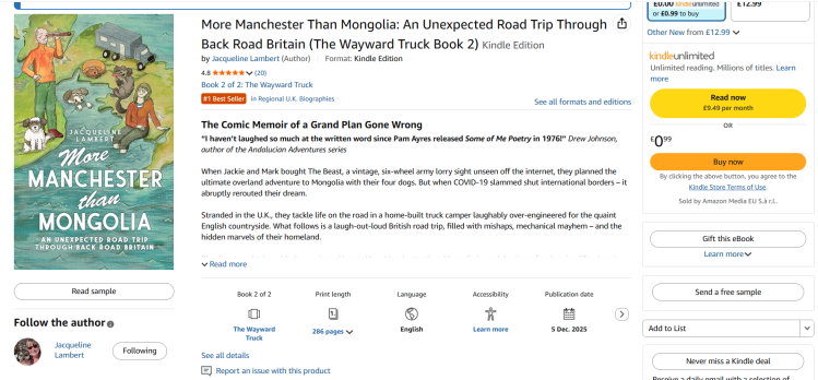 Screenshot of Amazon page for Jacqueline Lambert's Memoir More Manchester than Mongolia showing it as an Amazon no 1 bestseller