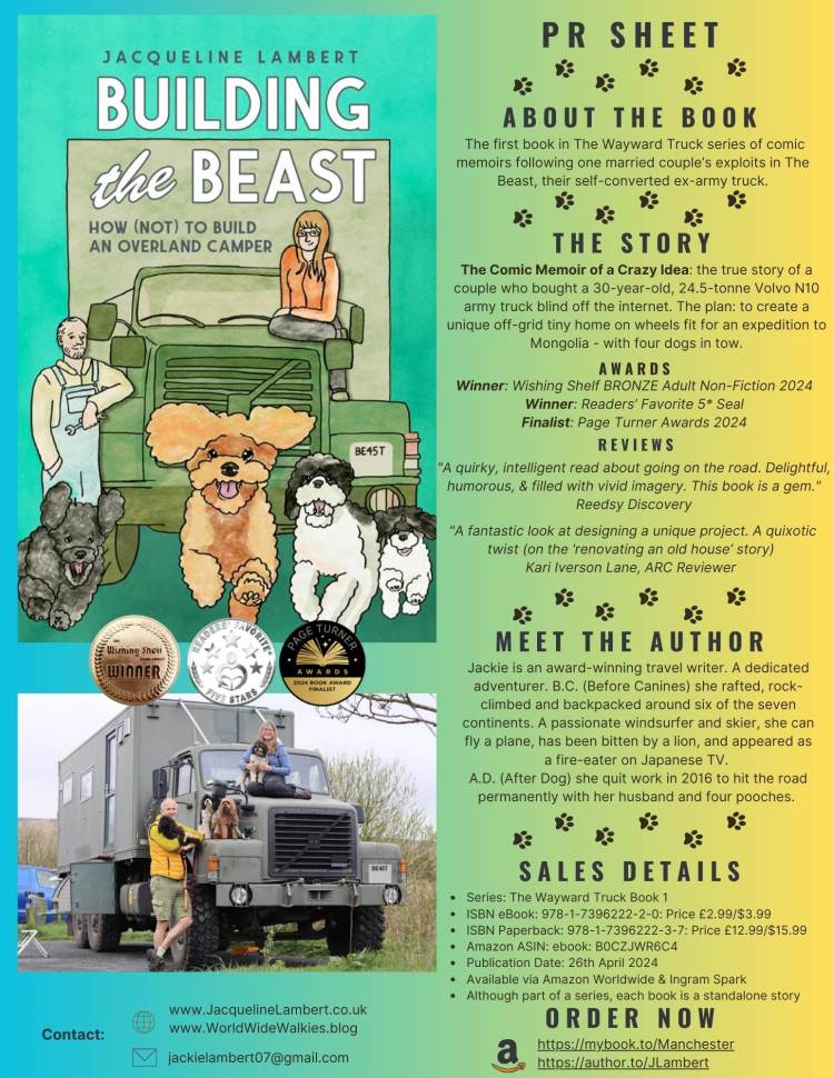 PR Sheet for the second edition of Jacqueline Lambert's comic vanlife memoir Building The Beast: How Not To Build An Overland Camper showing its Readers Favorite 5 star seal, Wishing Shelf book Awards Bronze Award, the book cover, reviews, and book details.