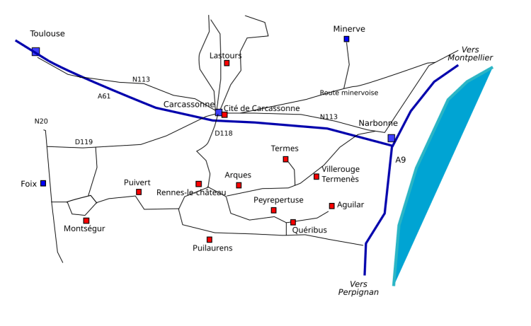 Map showing the routes of the Cathar castles in southern france