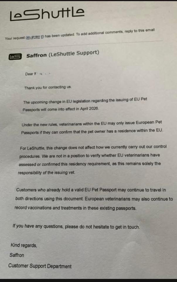 Confirmation email from Eurotunnel Le Shuttle stating that they are not in a position to check residency and will continue to accept EU pet passports for travel in both directions