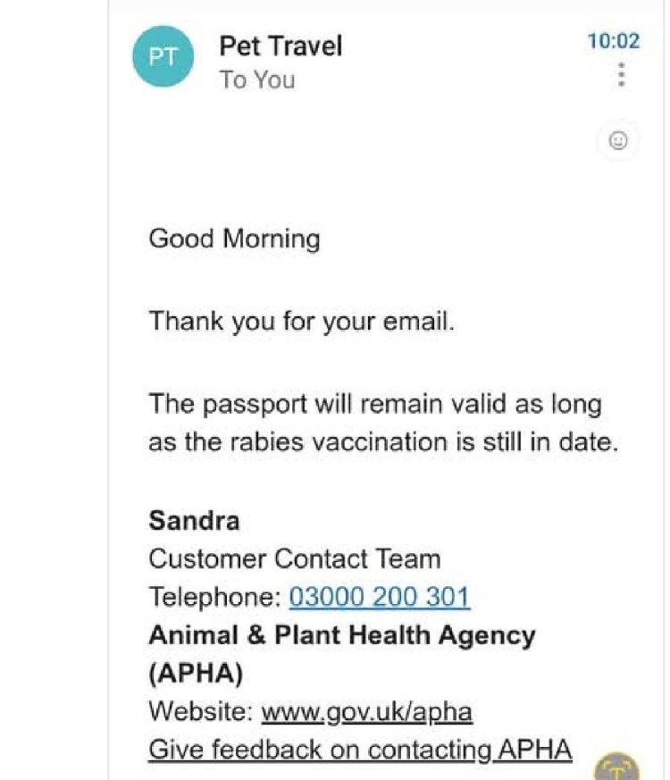 Sctreenshotted email from AHPA stating that EU passports remain valid so long as the rabies vaccinations are kept up to date.