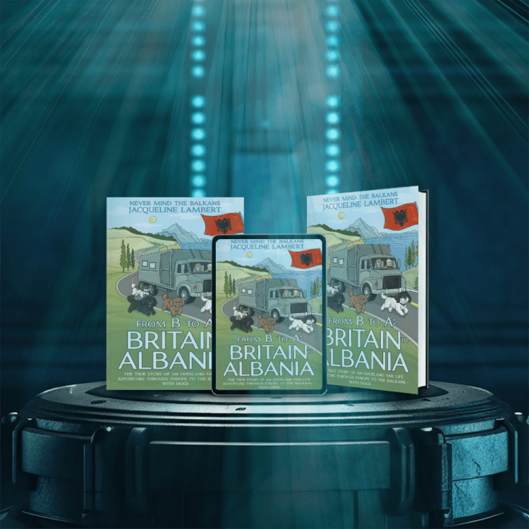 The cover reveal of Jacqueline Lambert's new funny travel memoir, From B to A: From Britain to Albania showing both the e book and paperback covers on a pedastal with futuristic lighting behind