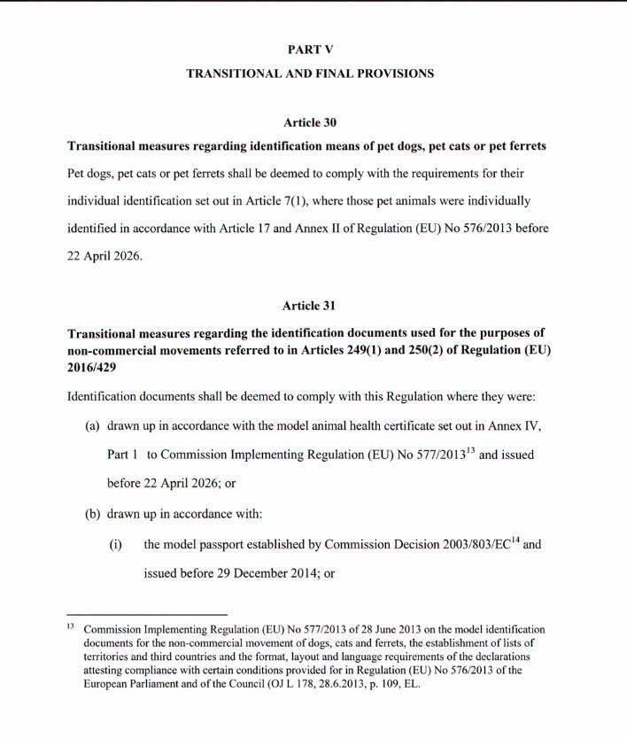 Image of the transitional regulations for the new EU directive on pet passports