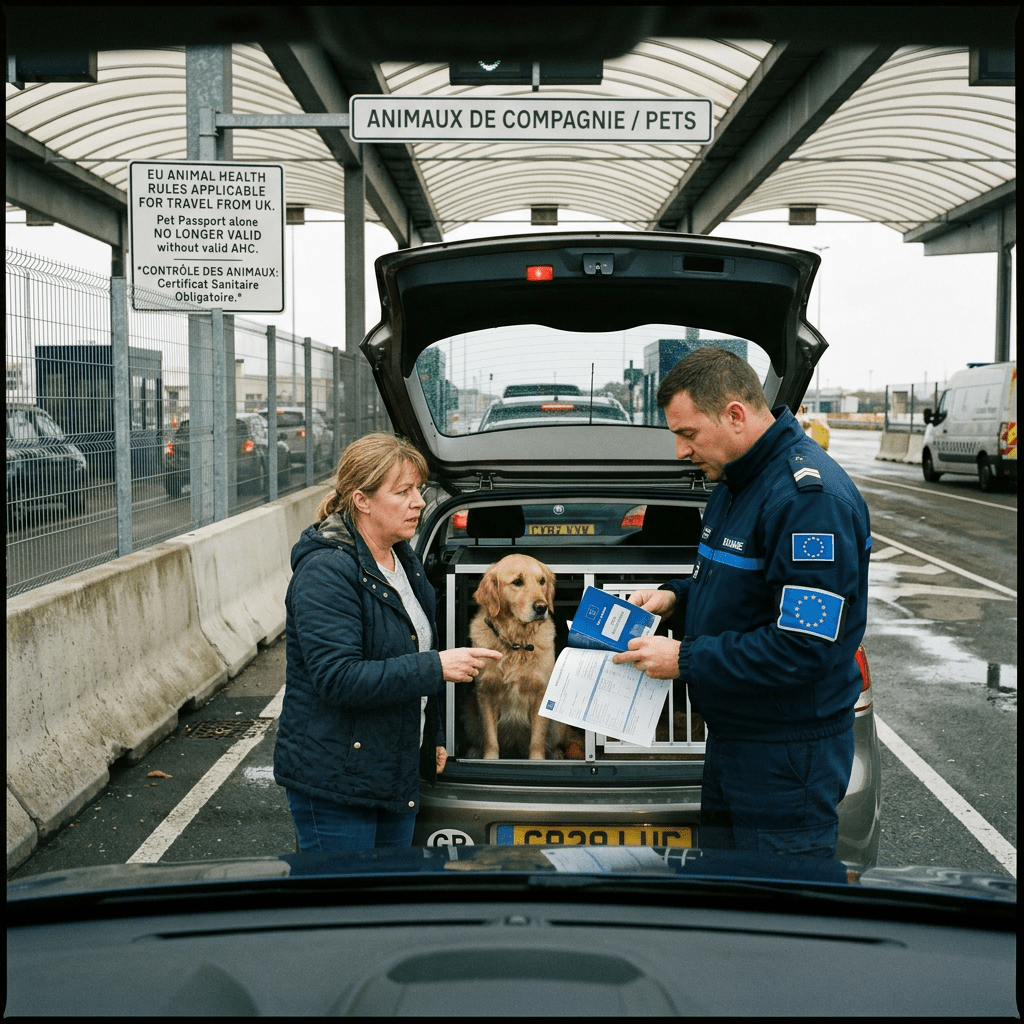 Customs officer checking pet travel documents from a woman with her dog at border