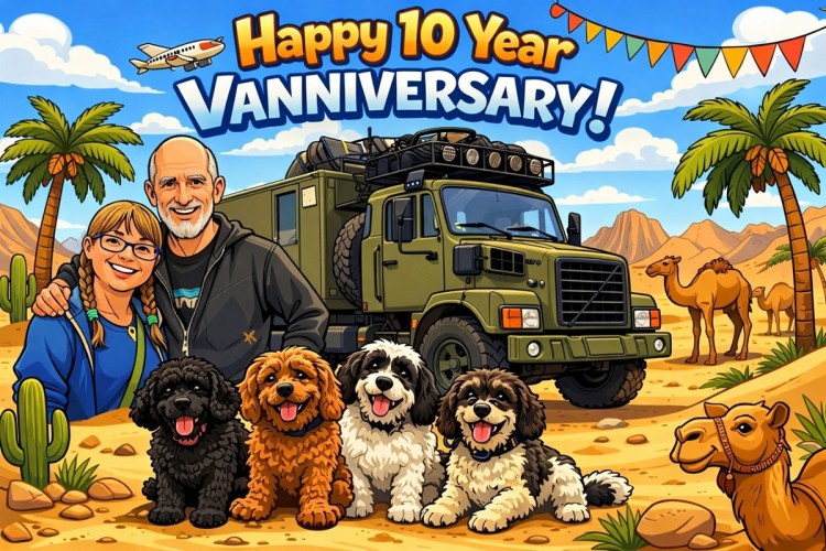 Cartoon of Jacqueline and Mark Lambert with their truck, The Beast, and four cuddly dogs, The Fab Four