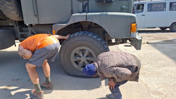 The Beast with a flat tyre on the way to the ferry, Morocco