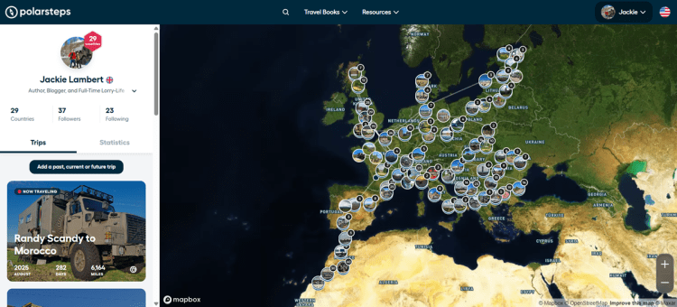 Screenshot from Polarsteps app showing the destinations visited by Jacqueline Lambert on her travels encompassing 29 countries in Europe and Africa