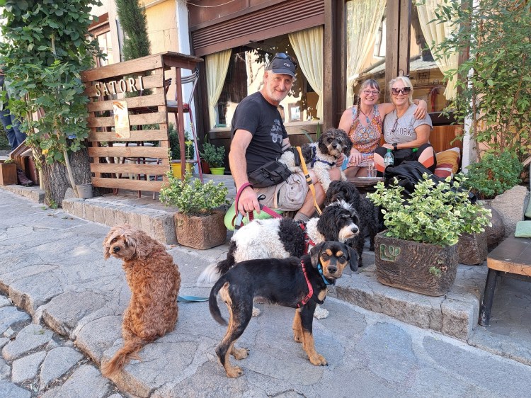 Three people sitting outside a cafe in Plovdiv Bulgaria with 5 dogs: The Fab Four and Iskra