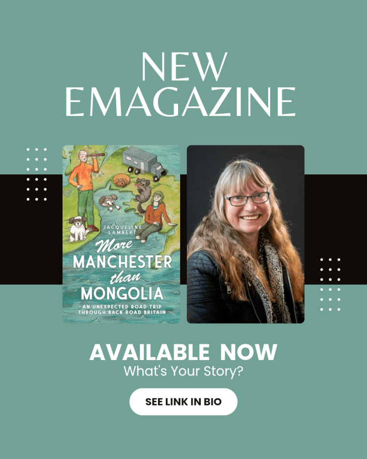 Photo of author Jacqueline Lambert adjacent to her travel memoir More Manchester than Mongolia with the caption Available Now see link in bio