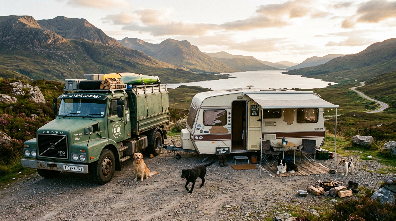 Green Volvo truck with kayaks and trailer caravan parked by a mountain lake with dogs around campsite