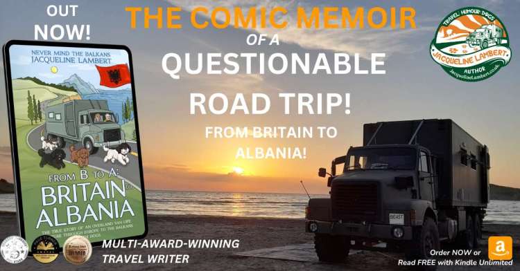 Jacqueline Lambert's travel memoir book cover pictured on a background showing her truck, The Beast, pictured on a sunset beach with the caption 'The Comic Memoir of a Questionalble Road Trip'