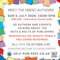 Advertising banner for Meet the 9Indie) Authors at the online self pub fest on 5th July 2026. 30 authors discussing the nuts and bolts of publishing in moderated 60 minute panels
